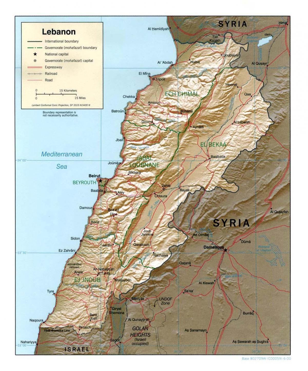 แผนที่ของเลบานอน topographic